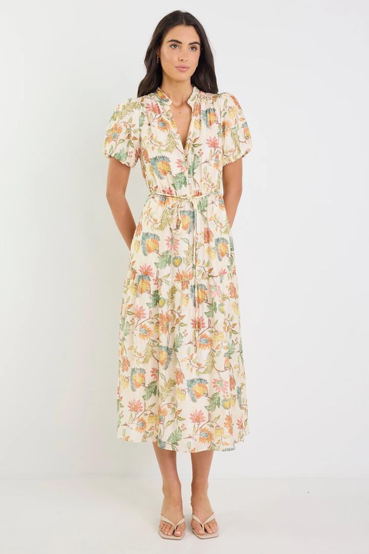 Image of Dresses. Product name - Comet Peach Bloom Short Puff Sleeve Button Front Midi Dress in Peach Bloom colour by brand - By Rosa.