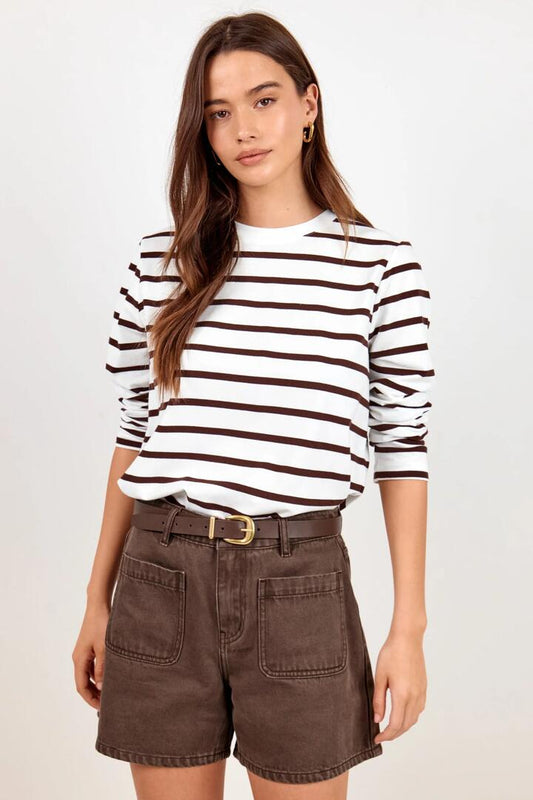 Image of a model wearing Tops. Product name - Tether Chocolate White Stripe LS Boxy Tee in Chocolate White Stripe colour by brand - RE:UNION Label