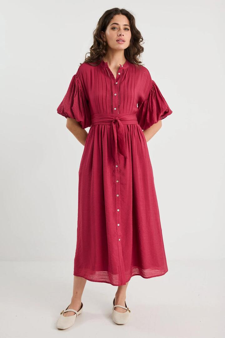 Image of Dresses. Product name - Stride Wine Puff Sleeve Pin Tuck Maxi Shirt Dress in Wine colour by brand - By Rosa.