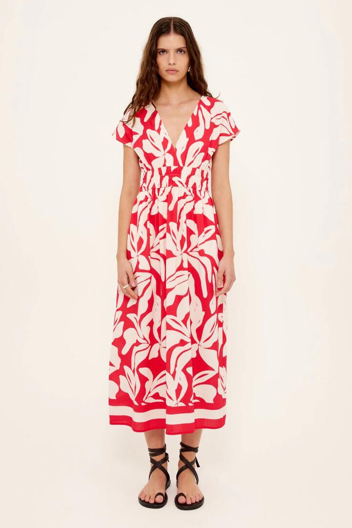 Image of Dresses. Product name - Serata Red Floral SS Shirred Waist Midi Dress in Red colour by brand - Staple The Label