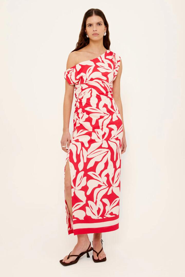 Image of Dresses. Product name - Serata Red Floral Off Shoulder Midi Dress in Red colour by brand - Staple The Label