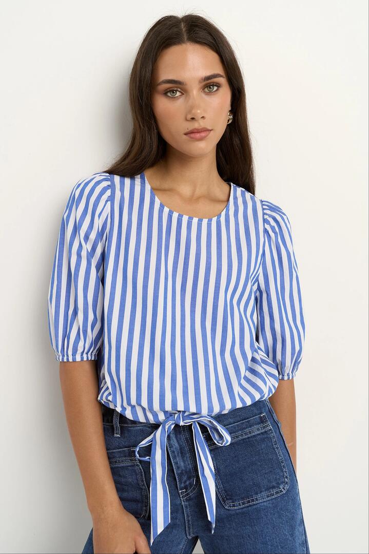 Image of a model wearing Tops. Product name - Cameron Bright Blue Stripe Tie Front SS Top in Bright Blue Stripe colour by brand - Ivy + Jack