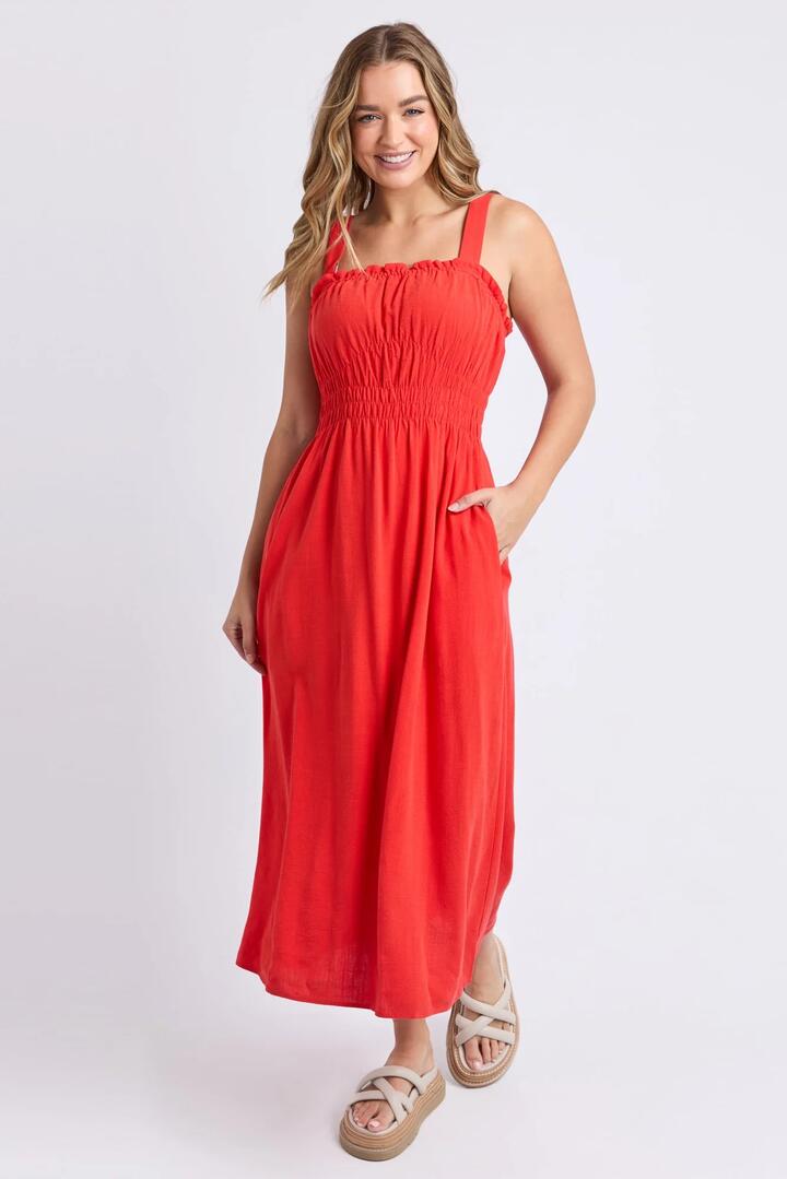 Image of Dresses. Product name - Dandelion Tangelo Strappy Linen Bled Midi Dress in Red colour by brand - Foxwood
