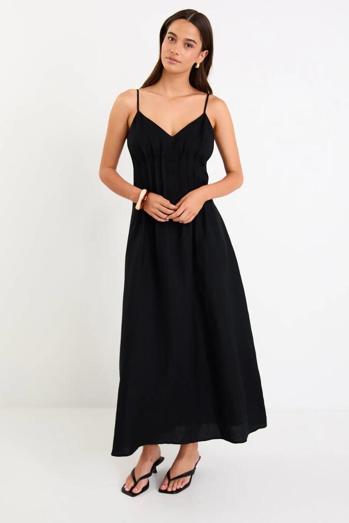 Image of Dresses. Product name - Hourly Black Linen Blend Strappy Pleat Maxi Dress in Black colour by brand - RE:UNION Label