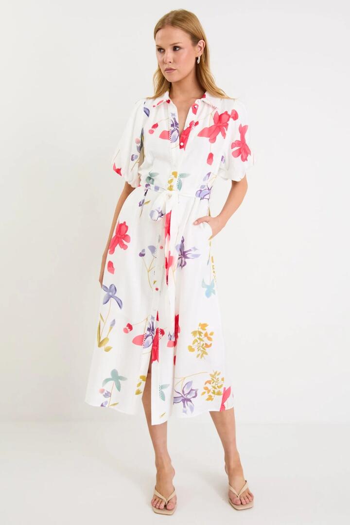 Image of Dresses. Product name - Jasmine Cream Poppy Floral Puff Sleeve Long Shirt Dress in Cream Poppy Floral colour by brand - By Rosa.