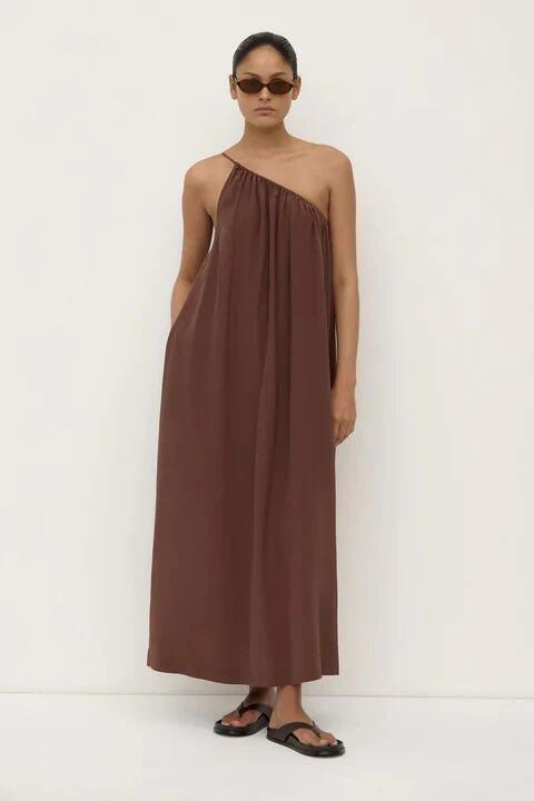 Image of Dresses. Product name - Mila Espresso Asymmetrical One Shoulder Maxi Dress in Brown colour by brand - Assembly Label
