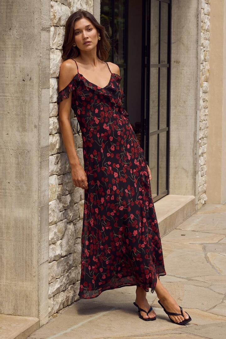 Image of Dresses. Product name - Belfast Black Poppy Print Georgette Bias Ruffle Slip Maxi Dress in Black Poppy Print colour by brand - Georgia Zoe
