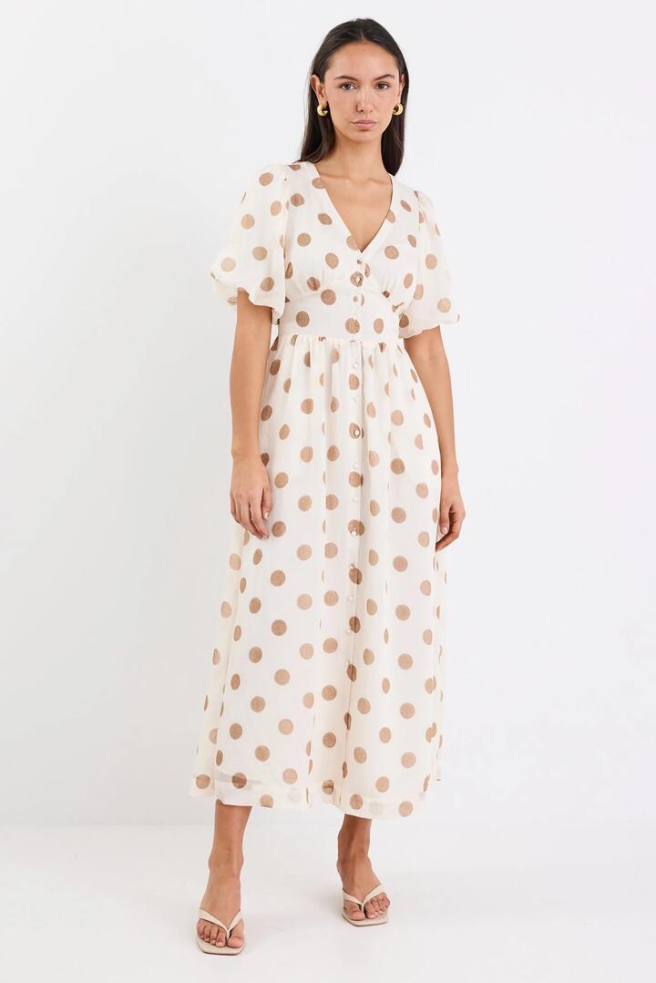 Image of Dresses. Product name - Lisbon Copper Polka Dot Puff Sleeve Midi Dress in Copper Polka Dot colour by brand - Stories be Told