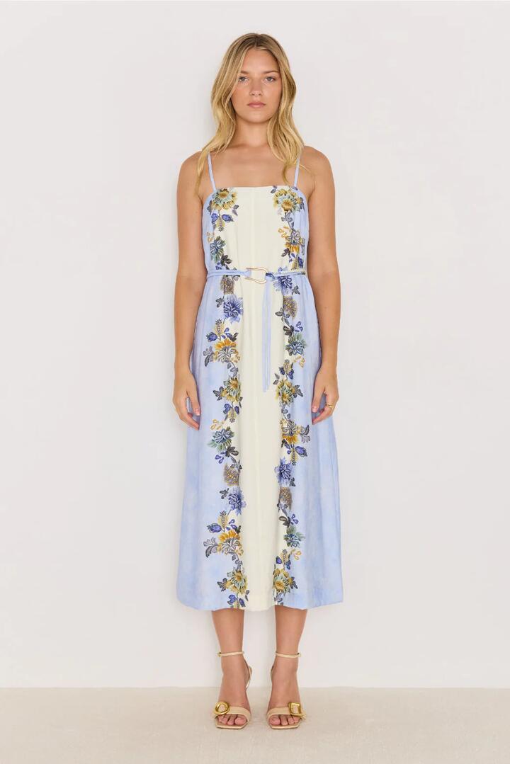 Image of Dresses. Product name - Lucia Blue Floral Strappy Midi Dress in Blue colour by brand - Mink Pink