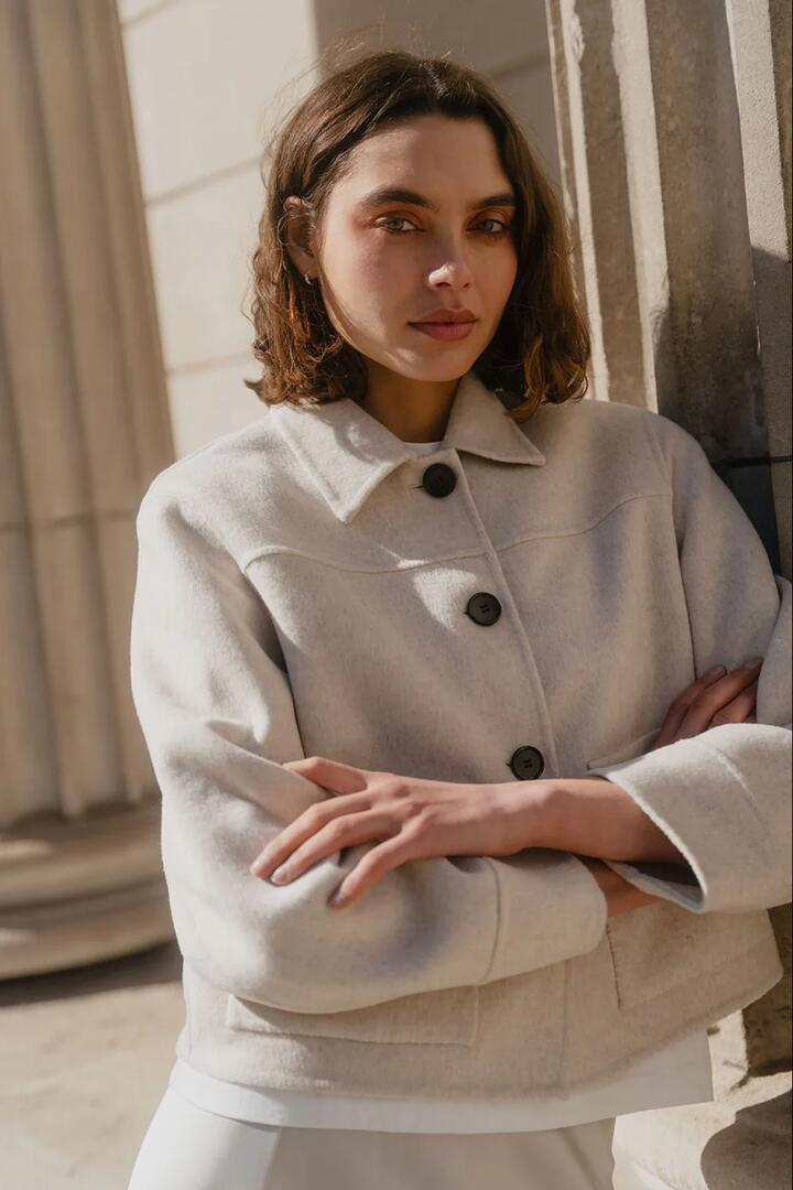 Image of Coats & Jackets. Product name - Ranger Oat Marle Wool Blend Soft Jacket in Oat Marle colour by brand - By Rosa.