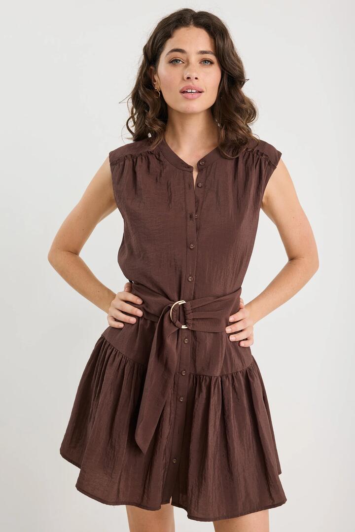 Image of Dresses. Product name - Mumbai Chocolate Sleeveless Tiered Mini Dress in Chocolate colour by brand - Among the Brave