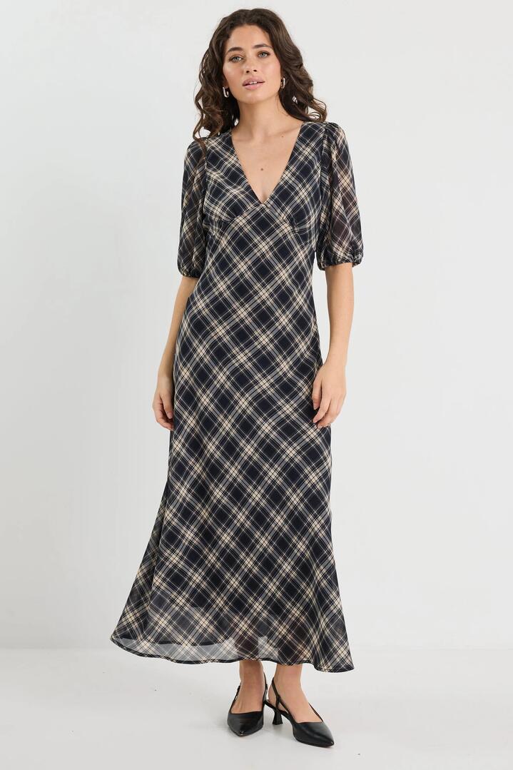 Image of Dresses. Product name - Amora Black Check Chiffon SS Bias Midi Dress in Black Check Chiffon colour by brand - Among the Brave