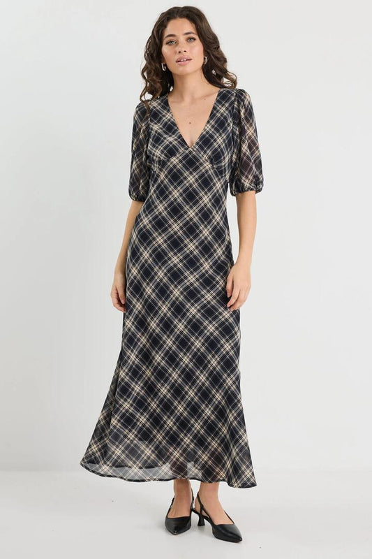 Image of Dresses. Product name - Amora Black Check Chiffon SS Bias Midi Dress in Black Check Chiffon colour by brand - Among the Brave