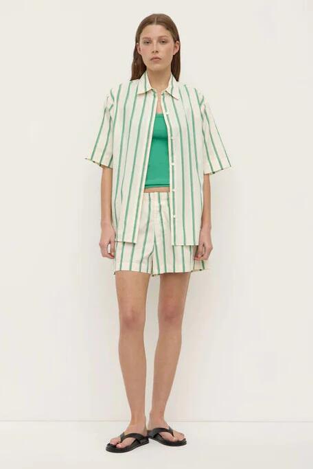 Image of Shirts. Product name - Agnes Butter Bright Green Stripe SS Cotton Poplin Shirt in Green colour by brand - Assembly Label