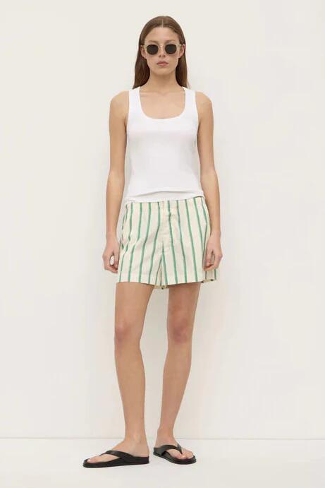 Image of a model wearing Shorts. Product name - Agnes Butter Bright Green Stripe SS Cotton Poplin Short in Green colour by brand - Assembly Label