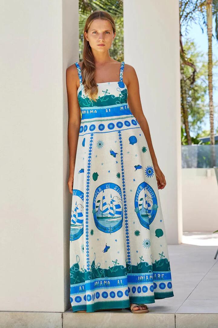 Image of Dresses. Product name - Sardinia Blue Andiano Strappy Maxi Dress in Blue colour by brand - Walnut