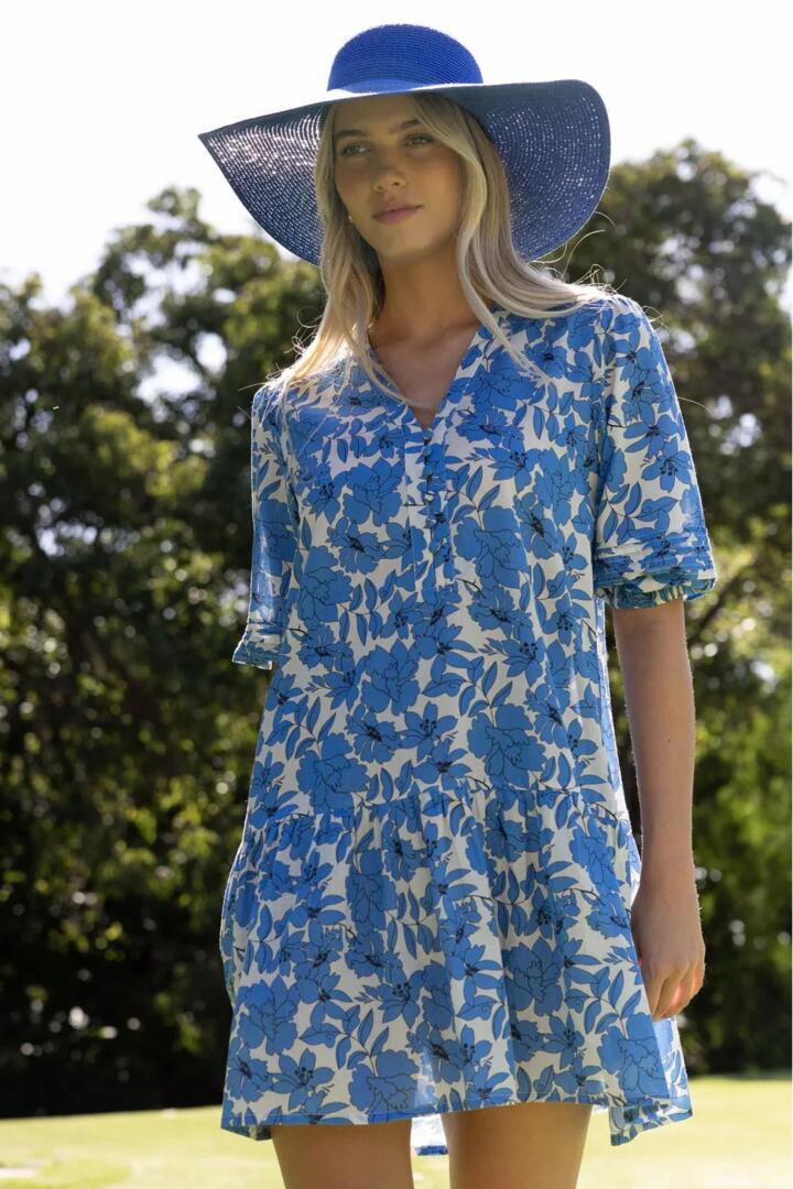 Image of Dresses. Product name - Fleur Blue Stone Mid Sleeve Smock Dress in Blue colour by brand - Humidity Lifestyle
