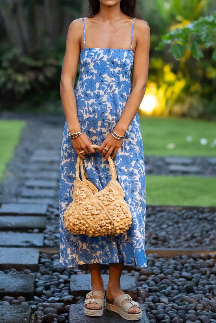 Image of Dresses. Product name - Fleur Blue Stone Sway Strappy Midi Dress in Blue colour by brand - Humidity Lifestyle