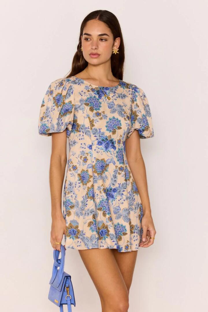 Image of Dresses. Product name - Zina Blue Beige Floral Puff Sleeve Mini Dress in Blue colour by brand - Mink Pink