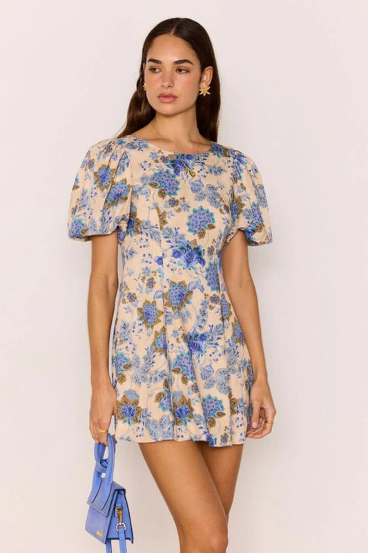 Image of Dresses. Product name - Zina Blue Beige Floral Puff Sleeve Mini Dress in Blue colour by brand - Mink Pink