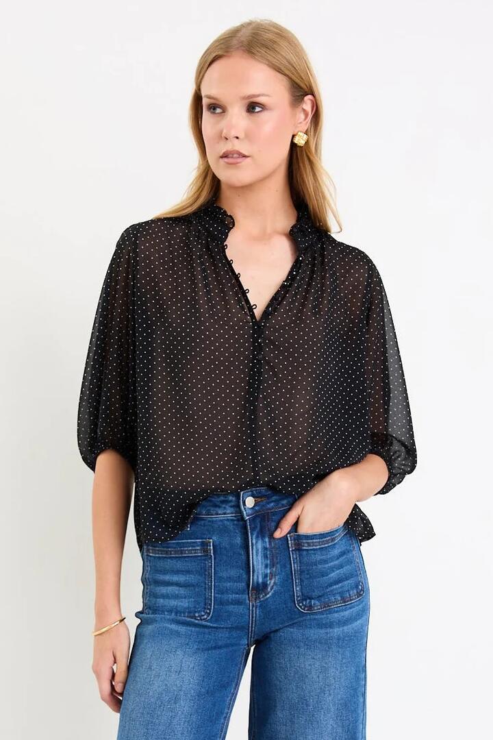 Image of a model wearing Tops. Product name - Closure Black Mini Polka Dot High Neck Buttoned SS Top in Black Mini Polka Dot colour by brand - Ivy + Jack