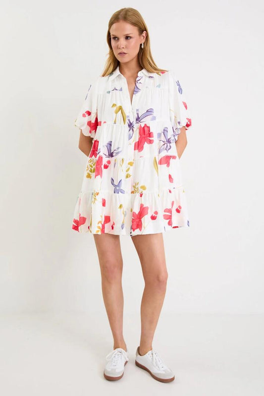 Image of Dresses. Product name - Dahlia Cream Poppy Floral Puff Sleeve Mini Tiered Shirt Dress in Cream Poppy Floral colour by brand - By Rosa.