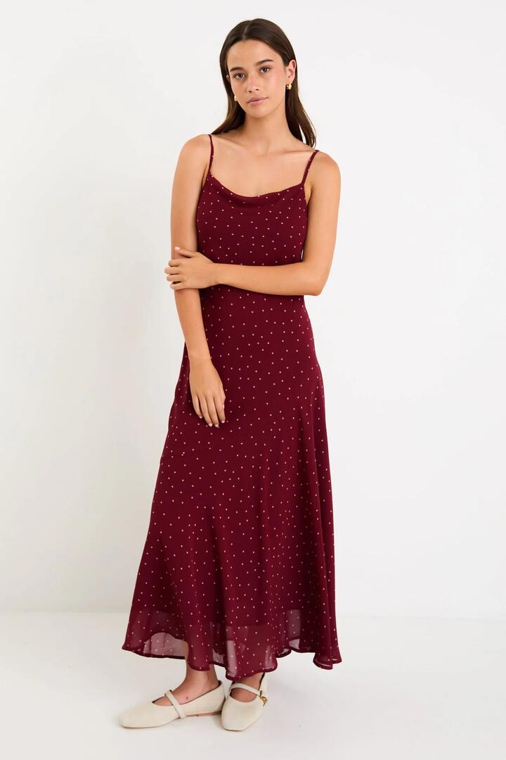 Image of Dresses. Product name - Reign Burgundy Polka Dot Georgette Strappy Maxi Dress in Burgundy Polka Dot colour by brand - Stories be Told