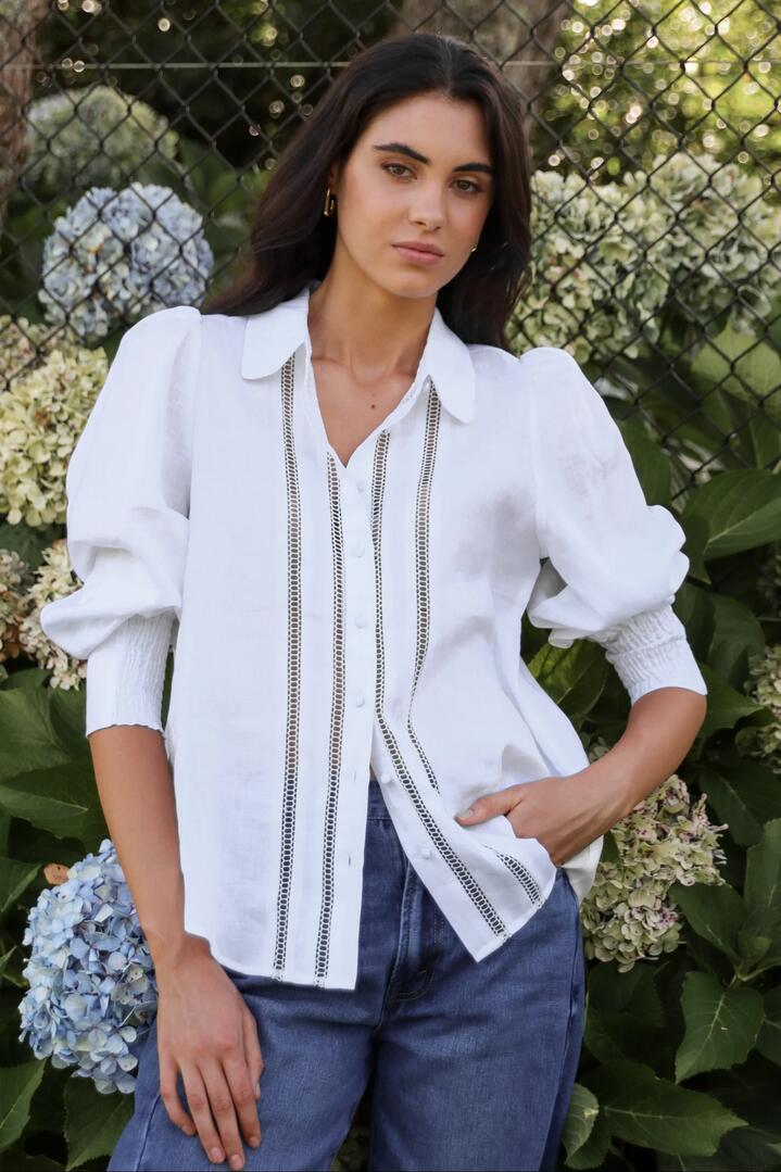 Image of Shirts. Product name - Zinnia White Ramie Lace Trim Long Sleeve Shirt in White colour by brand - By Rosa.