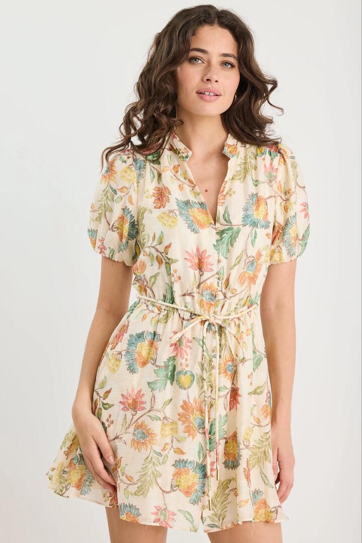 Image of Dresses. Product name - Eclipse Peach Bloom Short Puff Sleeve Button Front Mini Dress in Peach Bloom colour by brand - By Rosa.