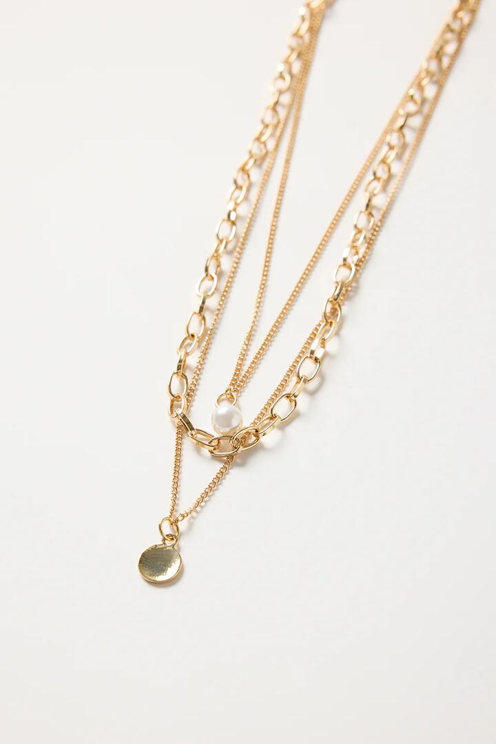 Image of Jewelry. Product name - Paperclip + Pearl Triple Gold Chain Necklace in Gold colour by brand - Humble + Heart