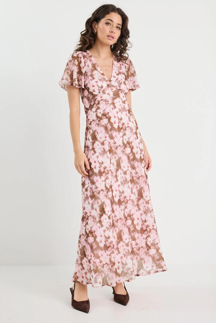 Image of Dresses. Product name - Chariot Blush Chocolate Floral Bias Flared Maxi Dress in Blush Chocolate Floral colour by brand - Among the Brave