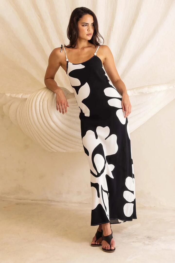 Image of Dresses. Product name - Bow Black Floral Print Strappy Slip Dress in Black colour by brand - Blak