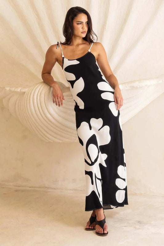 Image of Dresses. Product name - Bow Black Floral Print Strappy Slip Dress in Black colour by brand - Blak