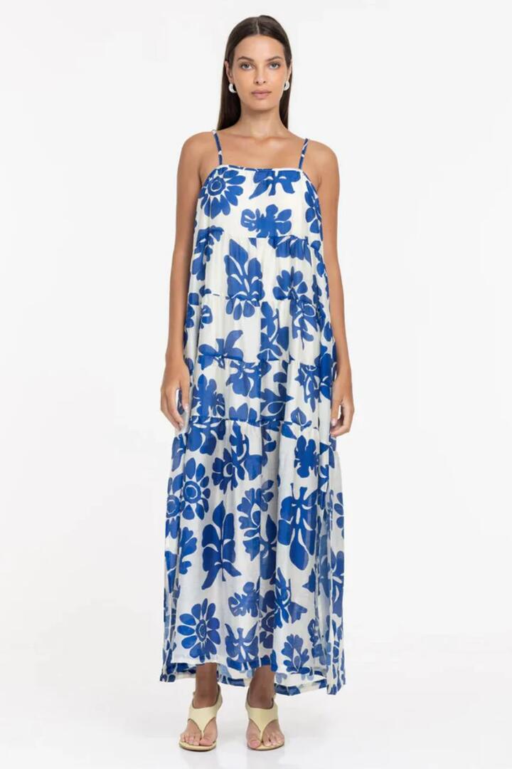 Image of Dresses. Product name - Carmen Cobalt Floral Print Strappy Maxi Dress in Blue colour by brand - Blak