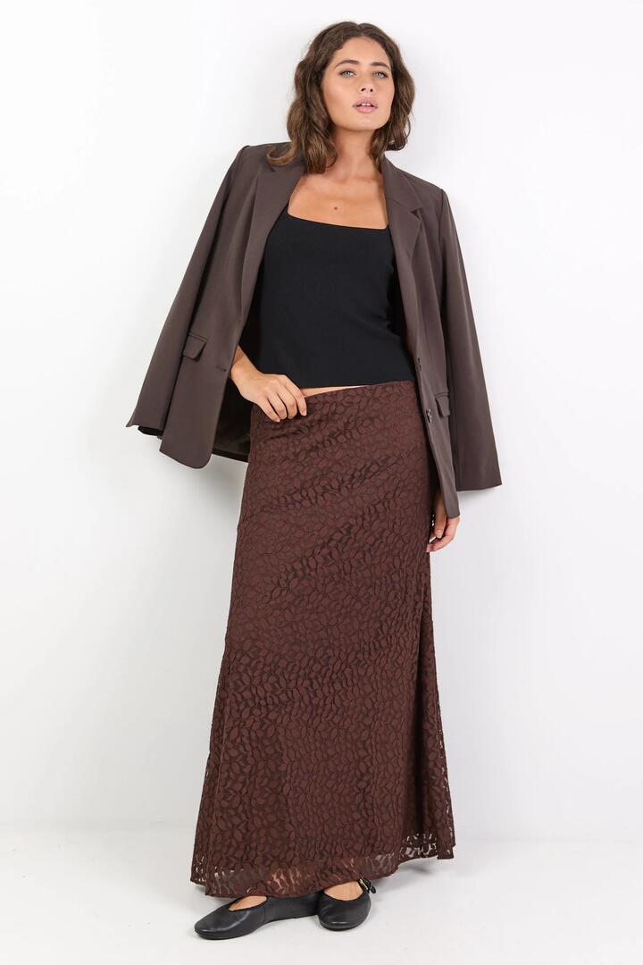 Image of a model wearing Skirts. Product name - Zeus Chocolate Lace Bias Maxi Skirt in Chocolate colour by brand - Stories be Told