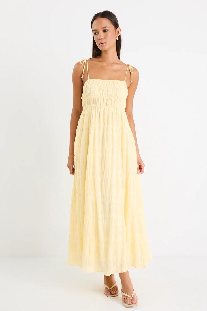 Image of Dresses. Product name - Offshore Butter Shirred Cotton Strappy Maxi Dress in Butter colour by brand - Ivy + Jack
