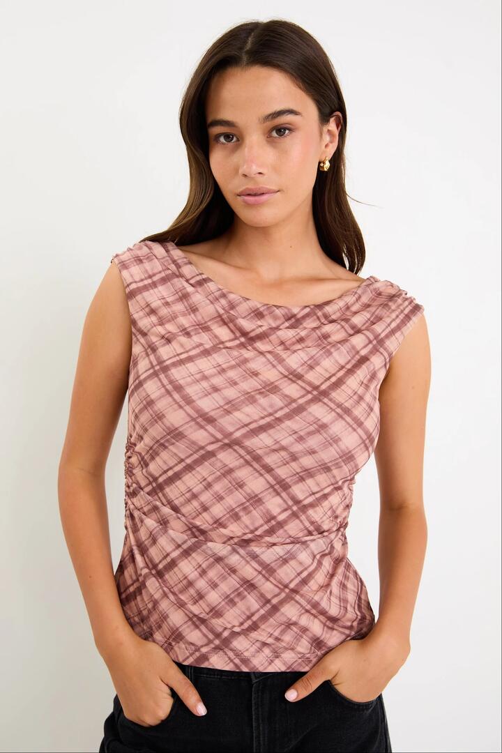 Image of a model wearing Tops. Product name - Quartette Blush Check Mesh Scoop Neck Top in Blush Check Mesh colour by brand - Stories be Told