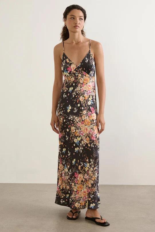 Image of Dresses. Product name - Kalinda Black Floral Strappy Low Back Maxi Dress in Black colour by brand - Auguste The Label