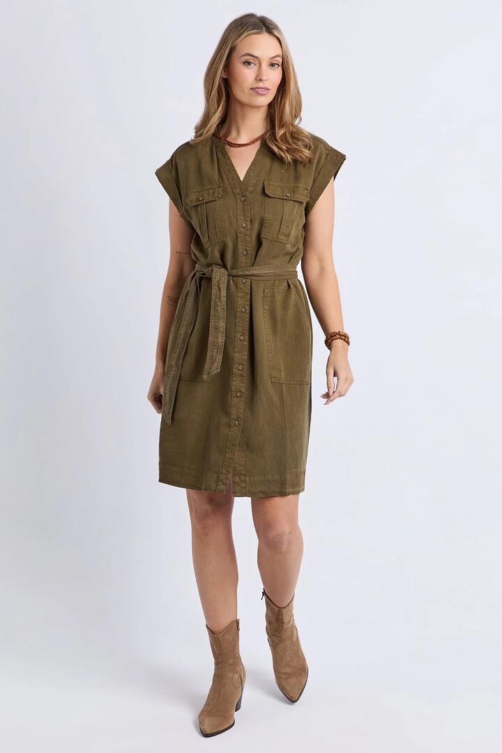 Image of Dresses. Product name - Dakota Dark Olive Military Belted SS Mini Dress in Olive colour by brand - Foxwood