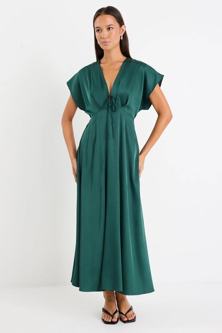 Image of Dresses. Product name - Ambiance Forest Satin Short Sleeve Maxi Dress in Forest colour by brand - By Rosa.