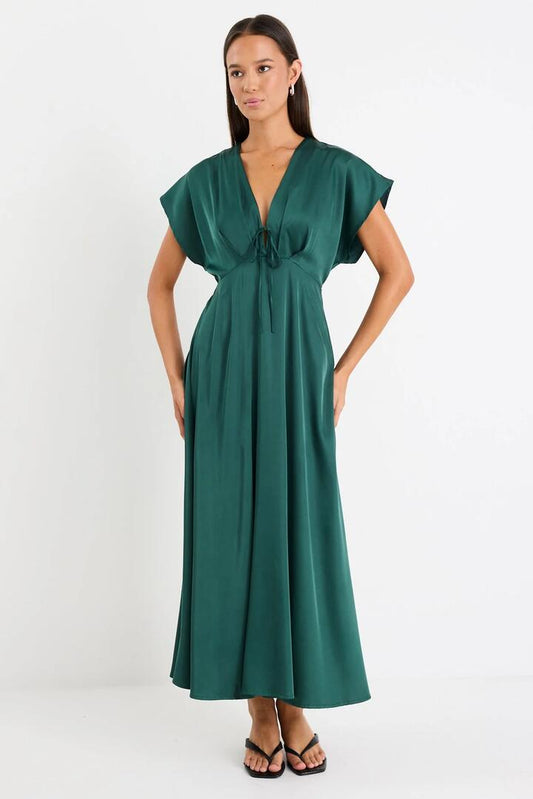 Image of Dresses. Product name - Ambiance Forest Satin Short Sleeve Maxi Dress in Forest colour by brand - By Rosa.