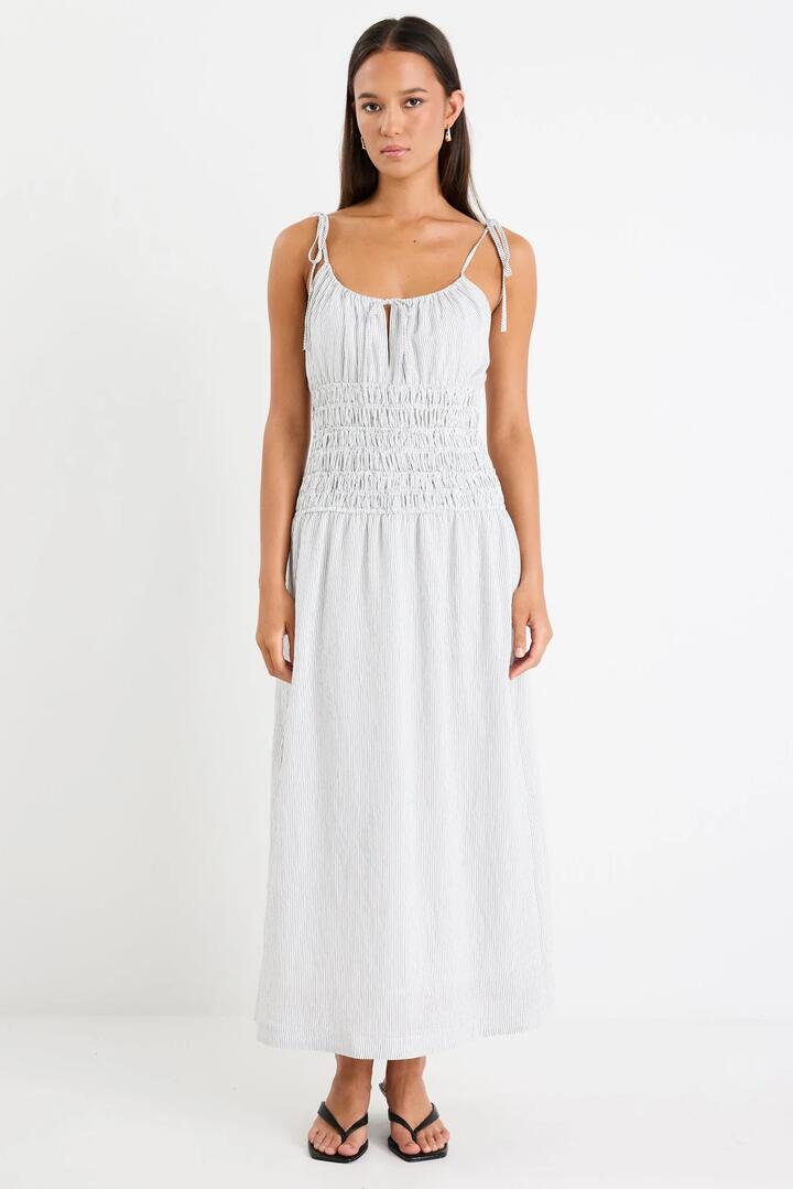 Image of Dresses. Product name - Balcony Black White Stripe Strappy Shirred Midi Dress in Black White Stripe colour by brand - Stories be Told