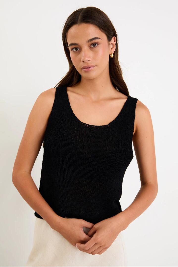 Image of a model wearing Outerwear. Product name - Reef Black Relaxed Knit Tank Top in Black colour by brand - Stories be Told