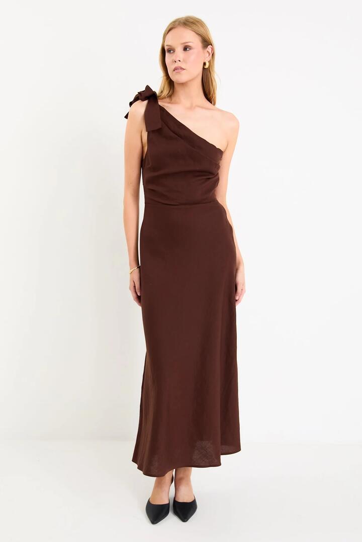 Image of Dresses. Product name - Mirror Chocolate Linen Blend One Shoulder Bow Midi Dress in Chocolate colour by brand - Georgia Zoe
