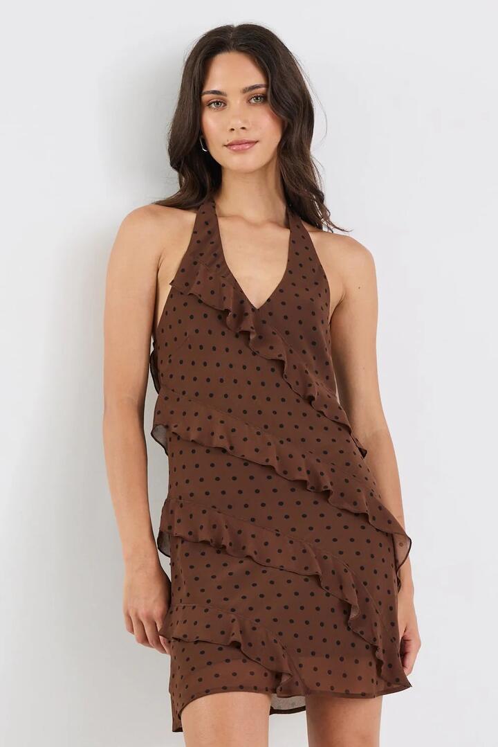 Image of Dresses. Product name - Zeal Mocha Ditsy Polka Dot Halter Neck Bias Ruffle Mini Dress in Mocha Ditsy Polka Dot colour by brand - Georgia Zoe