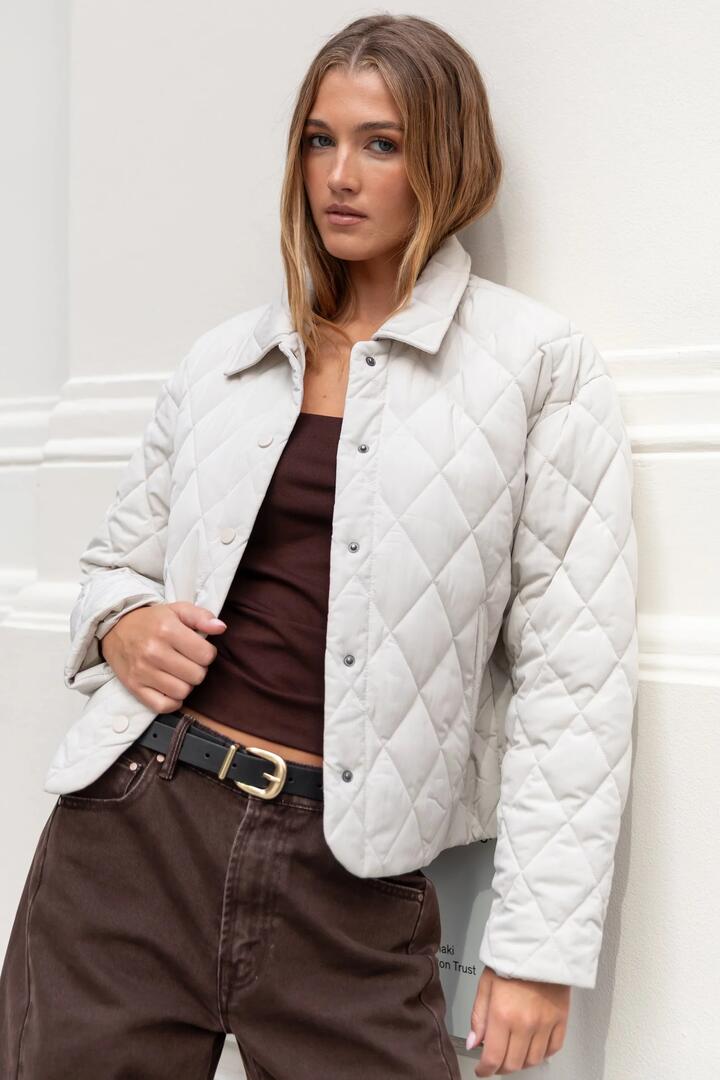 Image of Coats & Jackets. Product name - Absolute Putty Collared Quilted Puffer Jacket in Putty colour by brand - Among the Brave
