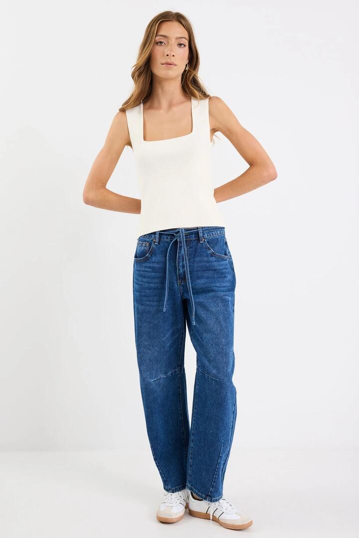 Image of Jeans. Product name - Campus Deep Blue Tie Waist Barrel Jeans in Deep Blue colour by brand - Stories be Told