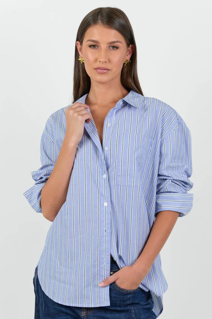 Image of Shirts. Product name - You Got This Blue Navy Stripe Oversized Boyfriend Shirt in Blue Navy Stripe colour by brand - Stories be Told