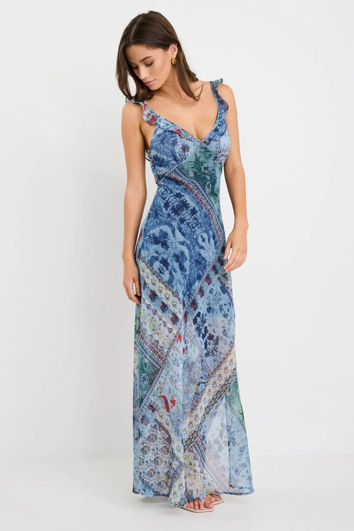 Image of Dresses. Product name - Delightful Blue Scarf Print Georgette Bias Slip Maxi Dress in Blue Scarf Print colour by brand - Georgia Zoe