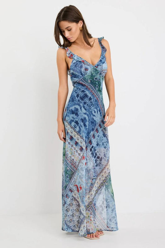 Image of Dresses. Product name - Delightful Blue Scarf Print Georgette Bias Slip Maxi Dress in Blue Scarf Print colour by brand - Georgia Zoe